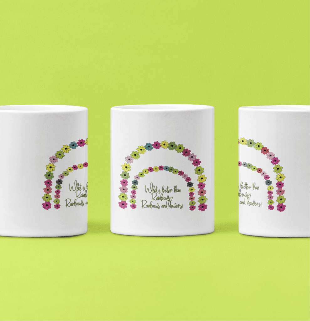 Floral rainbow on white mug